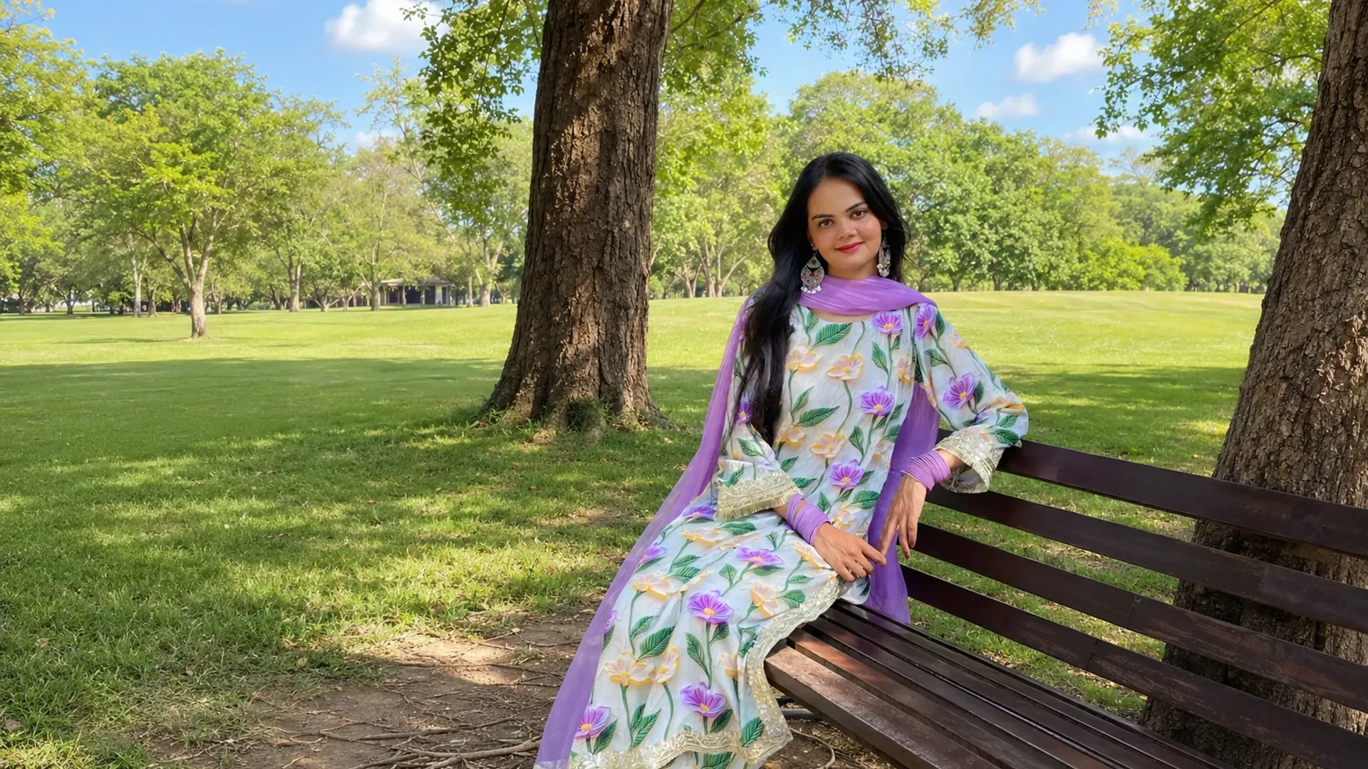 Woman seated on a park bench wearing a floral outfit with a lavender dupatta