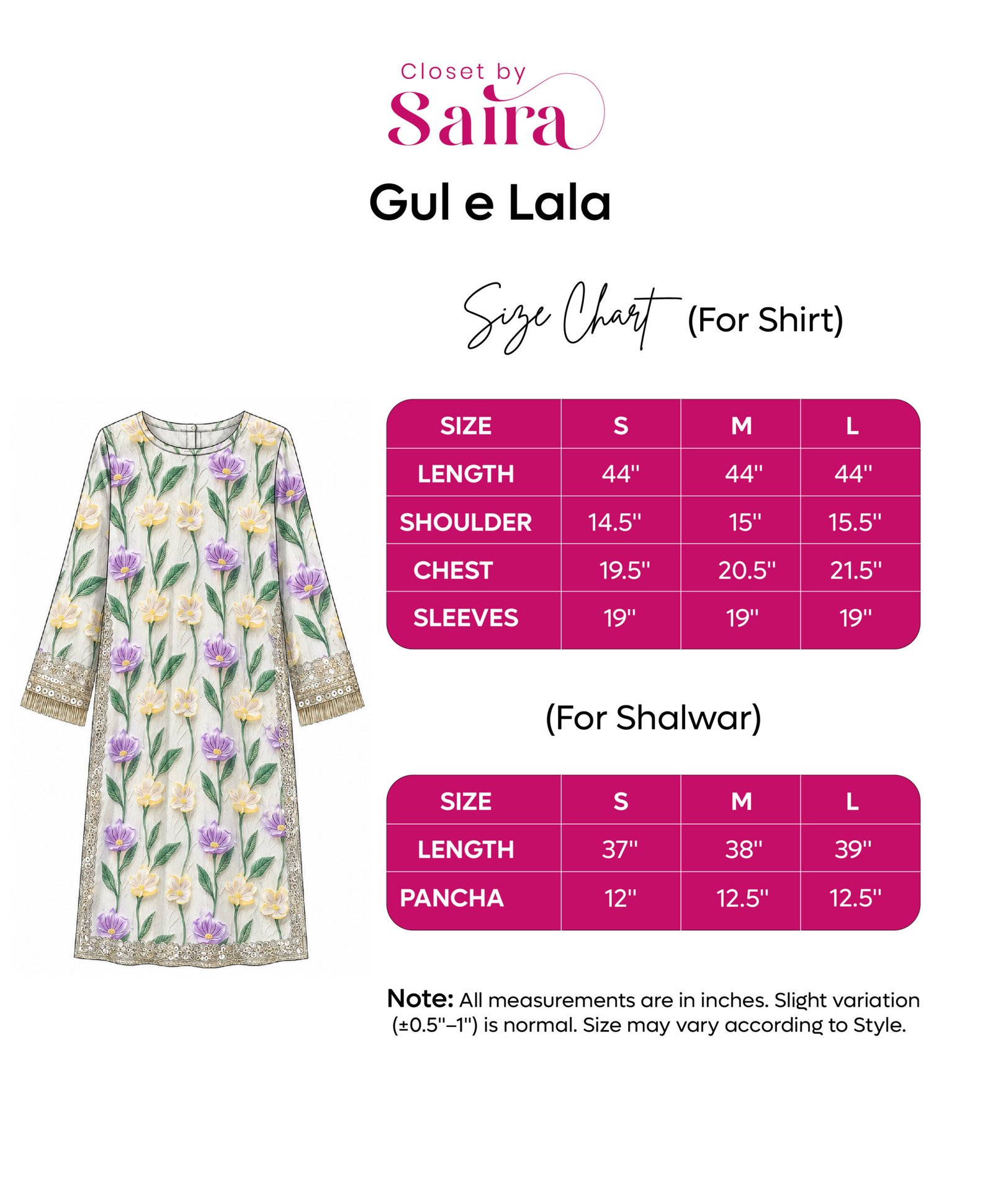 Gul E Lala size guide